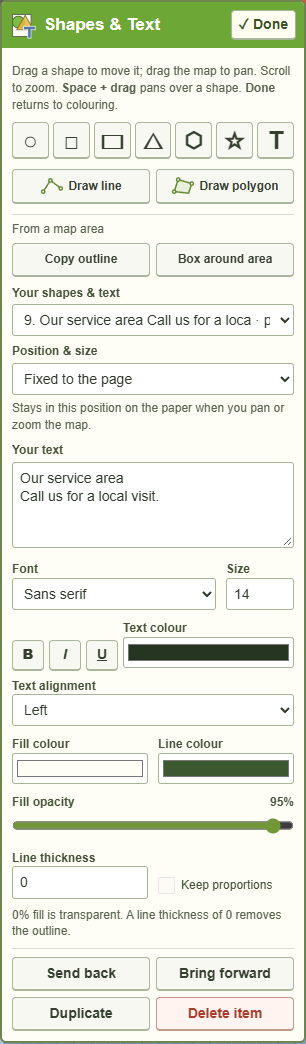 Shapes and Text with drawing and map-area copying tools