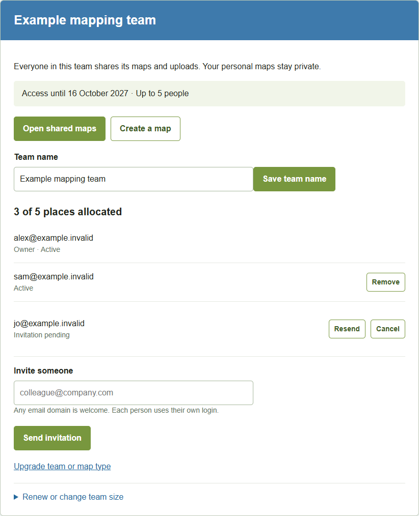 Name the team and invite colleagues — actual GBMaps message