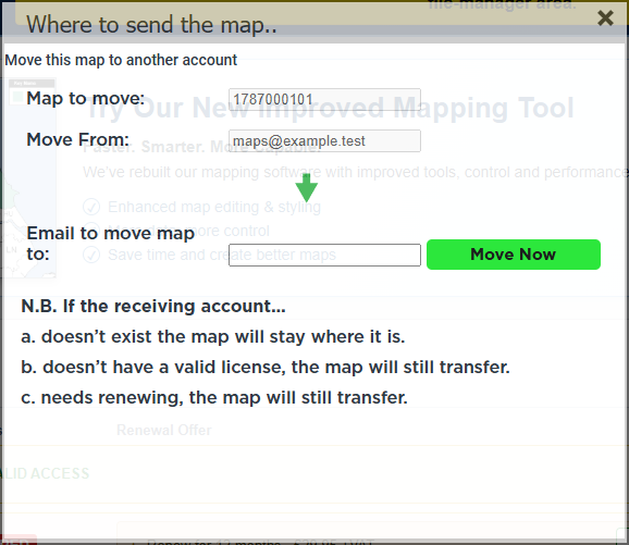 Transfer a saved map to another account — current GBMaps controls