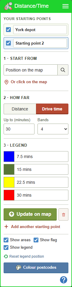 Colour postcodes inside travel areas — current GBMaps controls