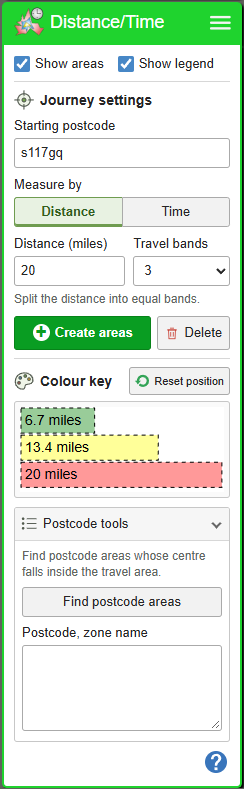 Distance/Time: road-travel areas — current GBMaps controls