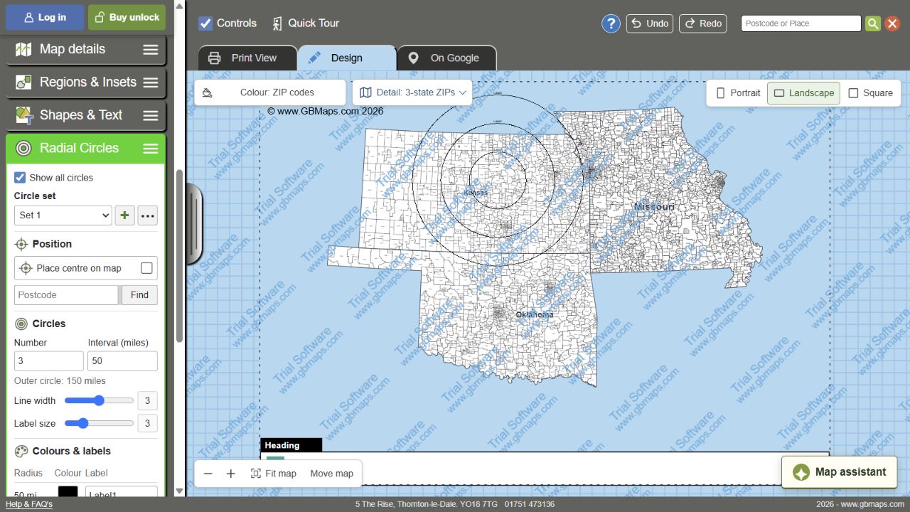 Mile rings across a combined US map — actual GBMaps message