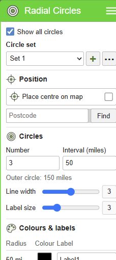 Radial Circles panel on a combined US ZIP map, with three rings and 50-mile intervals