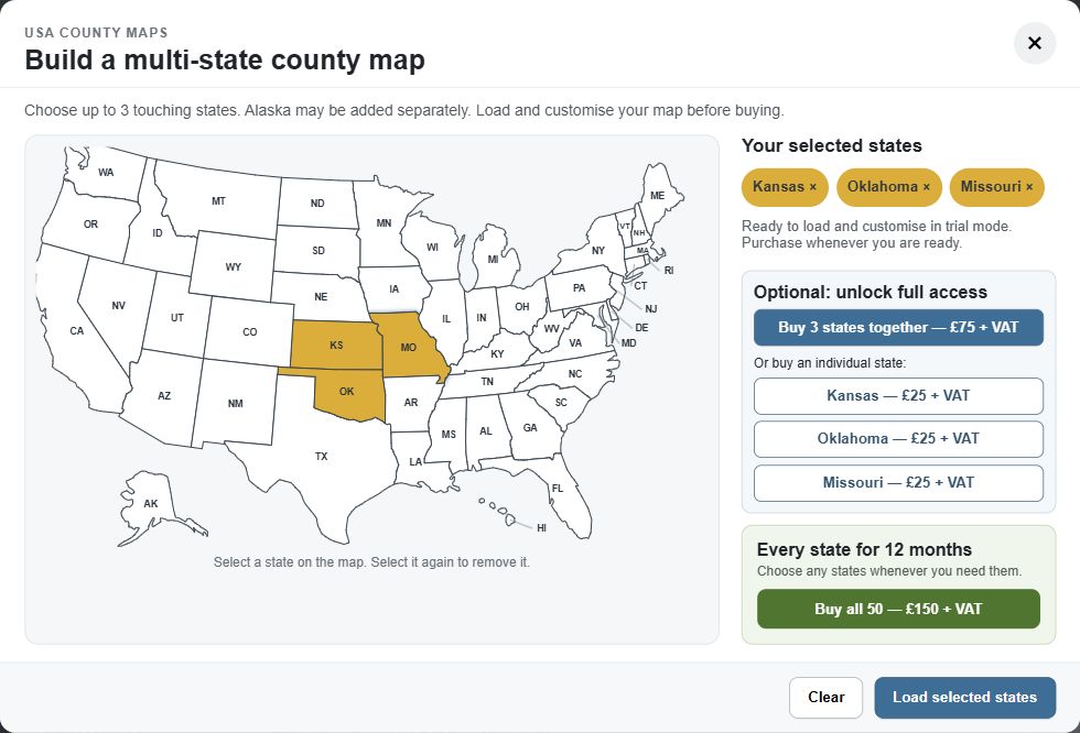 County state chooser with touching Kansas, Oklahoma and Missouri selected, trial loading and separate purchase choices