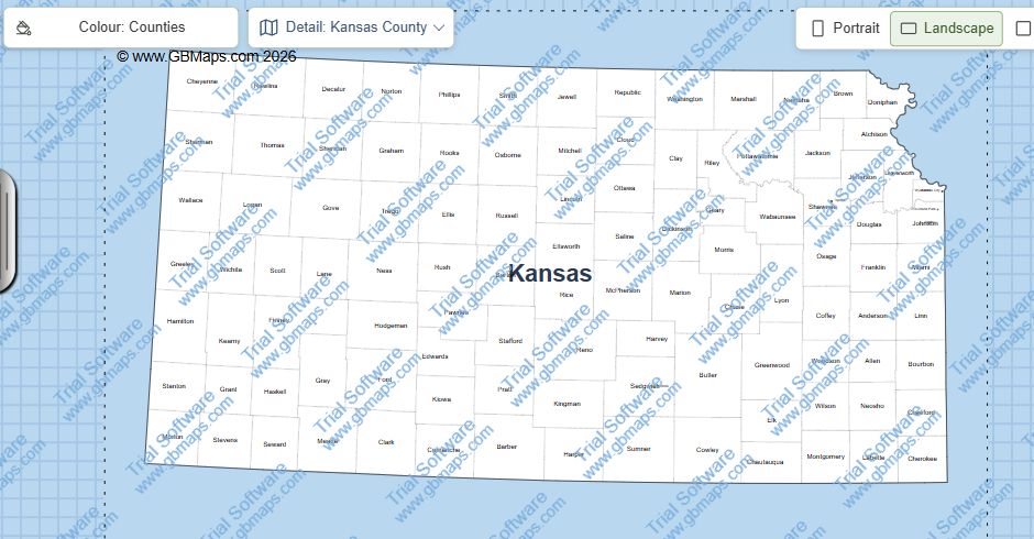 County and state names on a Kansas map — actual GBMaps message
