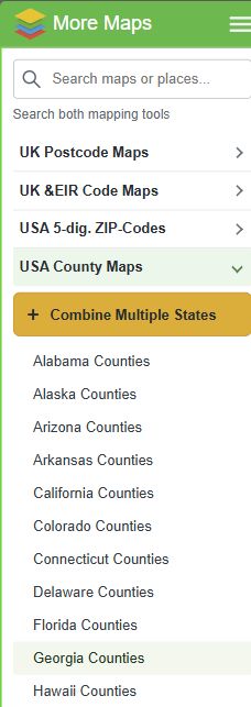 More Maps showing USA County Maps and its matching gold Combine Multiple States button