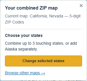 Details dropdown for a California and Nevada combined ZIP map, with Change selected states and Browse other maps