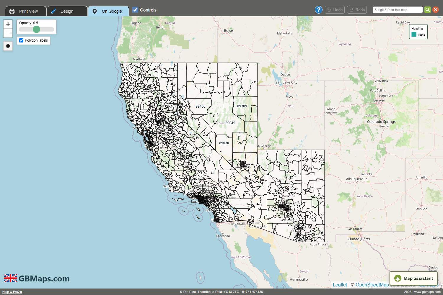 California ZIP polygons in On Google with the Polygon labels switch and fit-map control