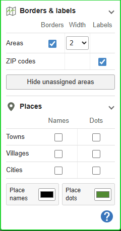 Map details panel showing ZIP labels, Hide unassigned areas, settlement names and dots, and their colours