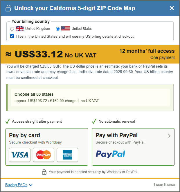 US billing choice with approximate dollar price, pound charge, no UK VAT, Worldpay card and PayPal options