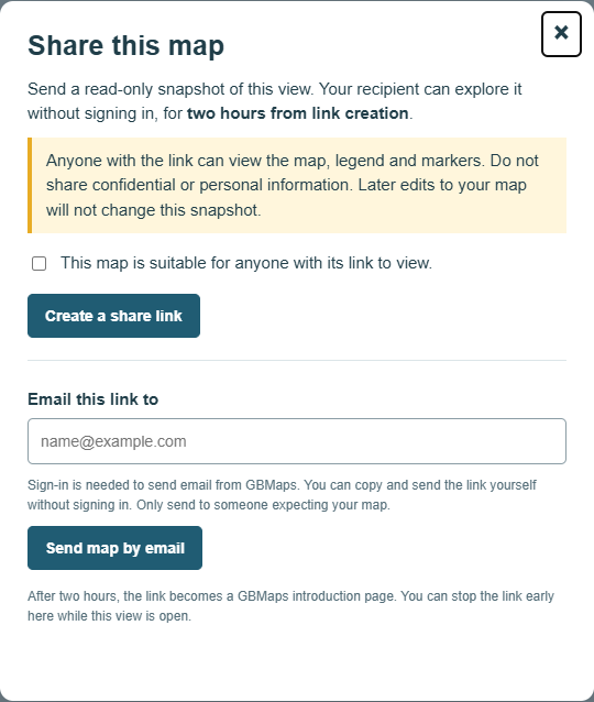 Two-hour On Google Share this map dialog with consent, create link and email controls