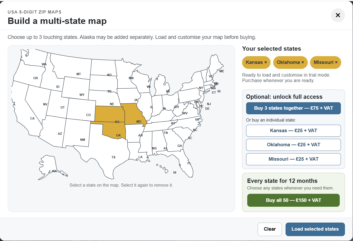 USA state chooser with Kansas, Oklahoma and Missouri selected; buy them together for £75 plus VAT, individually for £25 each, or all 50 for £150 plus VAT; Load selected states remains available before buying