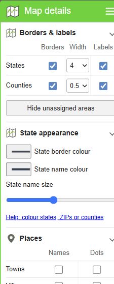 Map details with independent States and Counties rows, state line width, state colors and state name size
