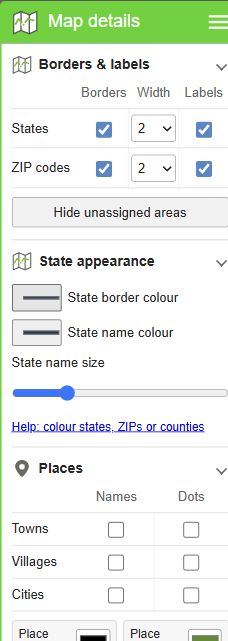 ZIP map details showing States above ZIP codes, with separate border and label checkboxes and place options