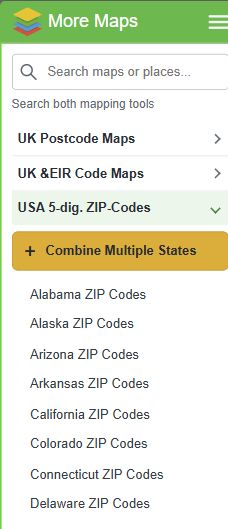 More Maps with the USA ZIP category, gold Combine Multiple States button and individual state links