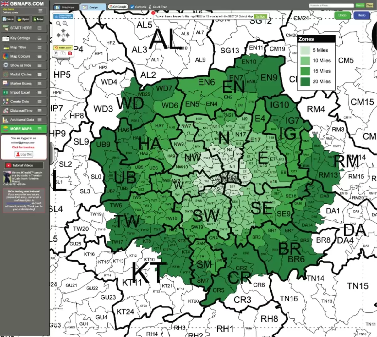 GB Maps delivery zone colouring tool showing four mileage-based coverage bands