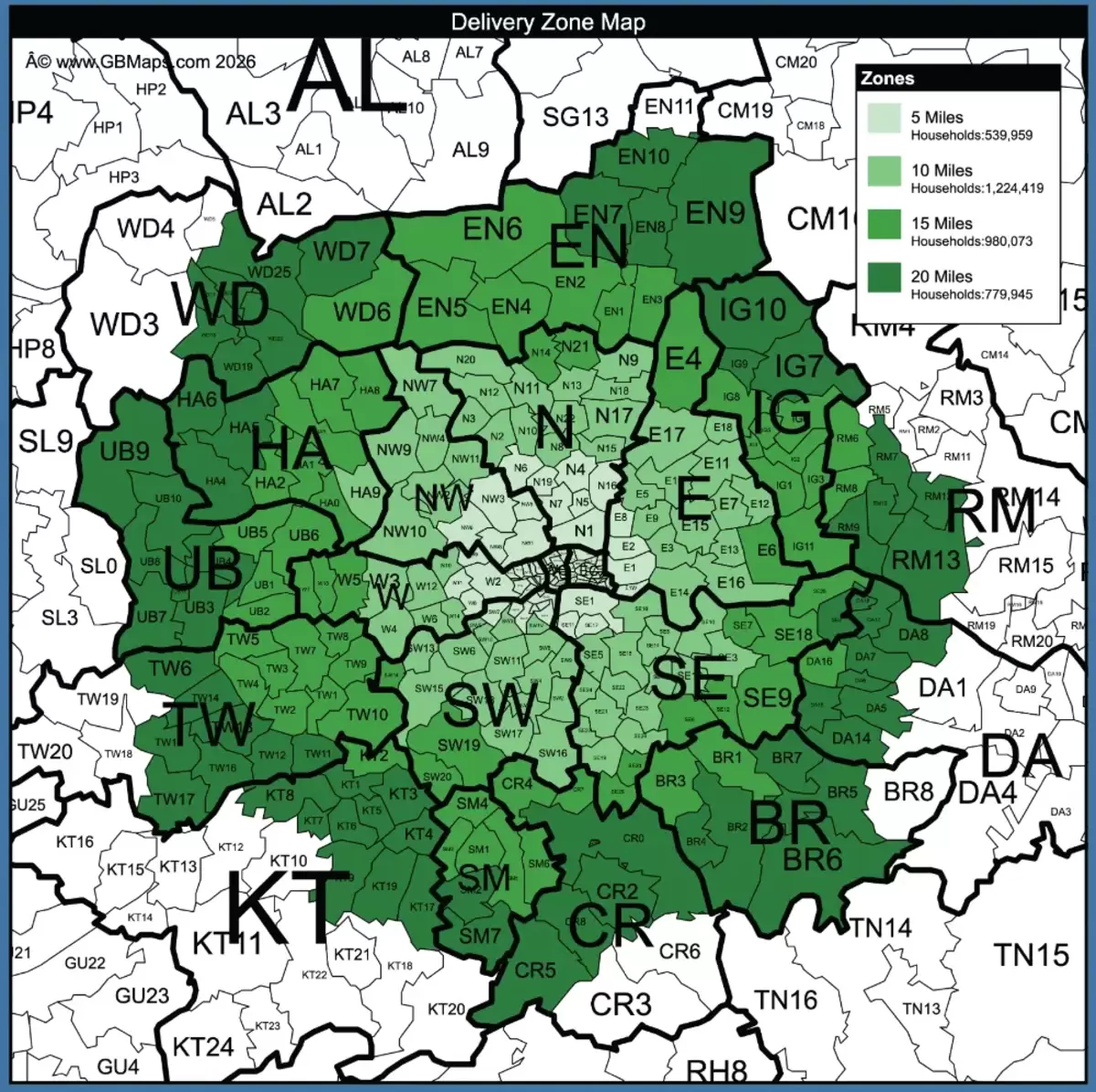 Finished postcode delivery zone map with four green distance bands