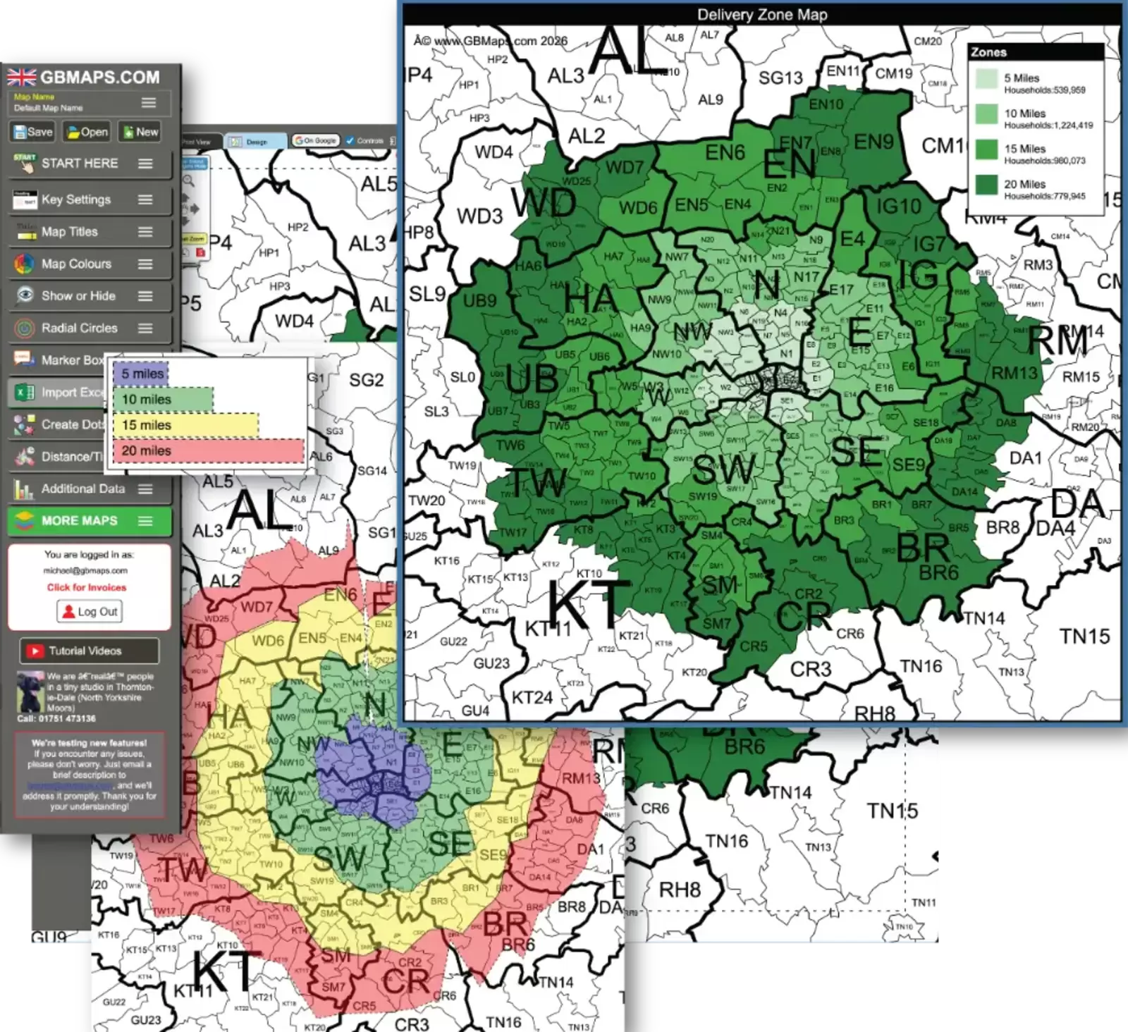 GB Maps postcode delivery zone colouring tool showing delivery radius bands and a finished map