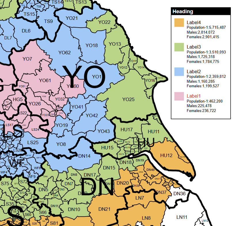 Postcode map around York and Hull with coloured territories and a matching legend.