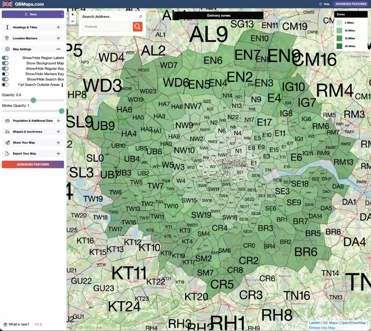 Interactive delivery zone map with searchable postcode districts and a zone key