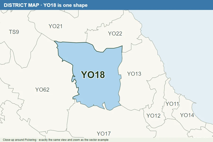 The same Yorkshire view divided into postcode districts such as YO18 and YO17.