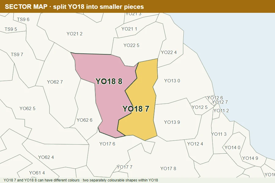 Yorkshire postcode sectors showing smaller boundaries within each district, including YO18 7.