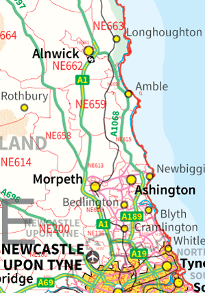 UK Postcode Areas, Districts, Towns, Motorways, A roads and Rd. Numbers