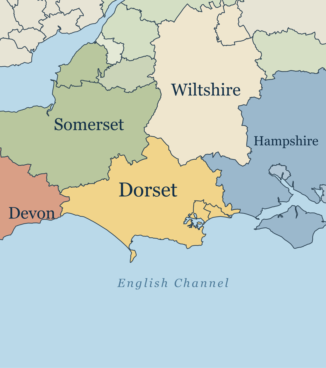 Editable UK county boundary map showing Dorset, Somerset, Wiltshire, Hampshire and Devon in soft atlas colours beside the English Channel
