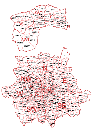 UK Postcode Areas, Districts, Towns, Motorways, A Roads and Rd. Numbers