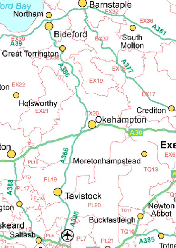 uk postcode district map including towns and roads