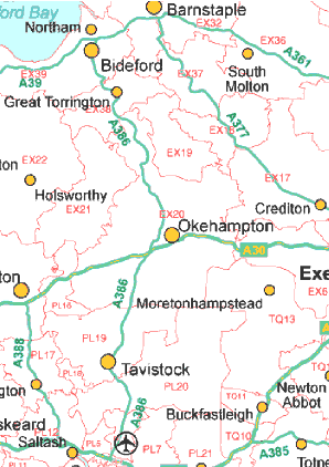 UK Postcode Areas, Districts, Towns, Motorways, A roads and Rd. Numbers