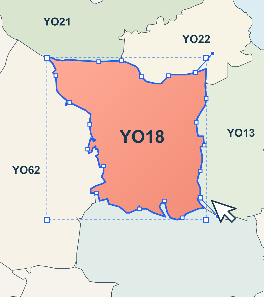 Editable UK postcode map artwork with the YO18 district selected, showing vector anchor points and neighbouring postcode boundaries